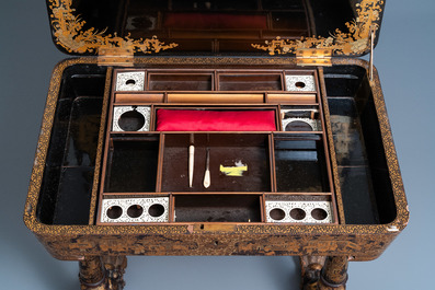A Chinese parcel-gilt black lacquer sewing table with accessories, Canton, 19th C.