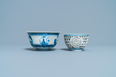 A Chinese blue and white reticulated bowl and a double-walled cup, Transitional period and Kangxi