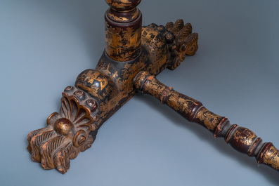 A Chinese parcel-gilt black lacquer sewing table with accessories, Canton, 19th C.