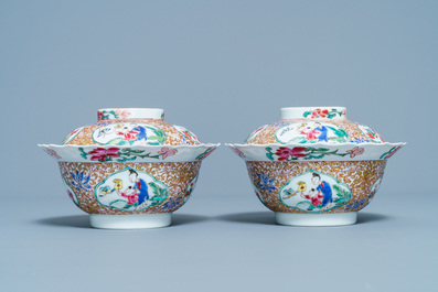 A pair of Chinese famille rose covered bowls, Yongzheng