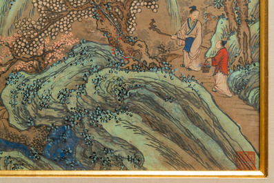 After Qiu Ying (1494 - 1552), ink and color on paper: 'Mountainous landscape', 19/20th C.