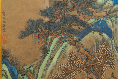 Naar Qiu Ying (1494 - 1552), inkt en kleur op papier: 'Bergachtig landschap', 19/20e eeuw