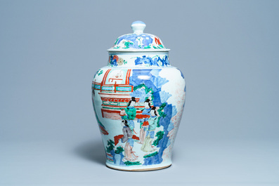 A large Chinese wucai vase and cover, Transitional period