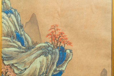 D'apr&egrave;s Qiu Ying (1494 - 1552), encre et couleurs sur papier: 'Paysage montagneux', 19/20&egrave;me