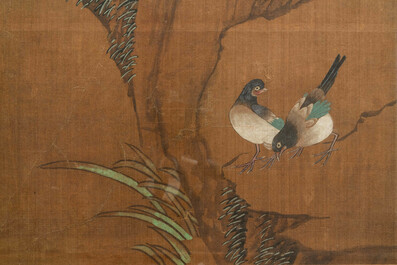 Chinese school, inkt en kleur op zijde, 18/19e eeuw: 'Vier vogels bij rotsen'