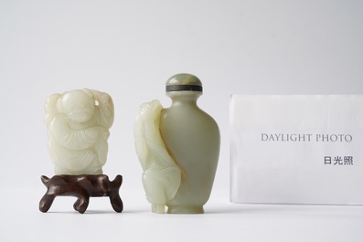 A Chinese jade snuff bottle and a figure of a boy, Qing