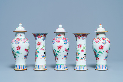A Chinese famille rose garniture of five vases with antiquities, Qianlong