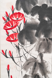 Qi Baishi (1864 - 1957), inkt en kleur op papier, als scroll gemonteerd: 'Klimmende winde'