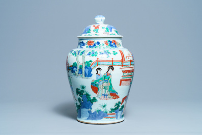 A large Chinese wucai vase and cover, Transitional period