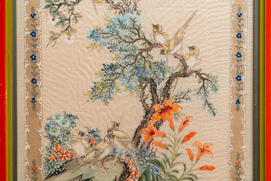 Chinese school, ink and colour on textile, 19/20th C.: 'Birds and ducks near blossoming branches'