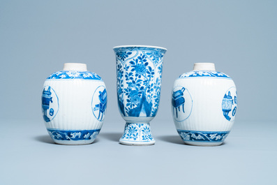 A pair of Chinese blue and white tea caddies and a goblet, Kangxi