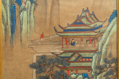 After Qiu Ying (1494 - 1552), ink and color on paper: 'Mountainous landscape', 19/20th C.