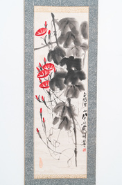 Qi Baishi (1864 - 1957), inkt en kleur op papier, als scroll gemonteerd: 'Klimmende winde'