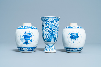 A pair of Chinese blue and white tea caddies and a goblet, Kangxi