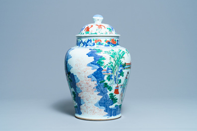 A large Chinese wucai vase and cover, Transitional period