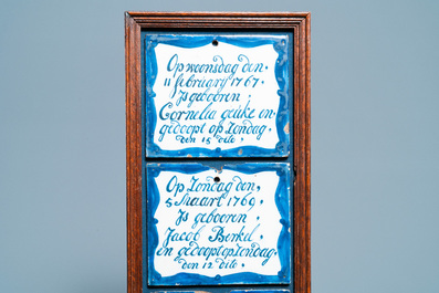 Four dated Dutch Delft blue and white marriage and birth tiles, Aalmis, Rotterdam, 18th C.