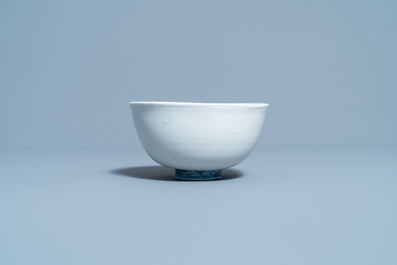 A rare Chinese blue and white 'mandarin ducks' bowl with matte-glazed exterior, Fu mark, Ming