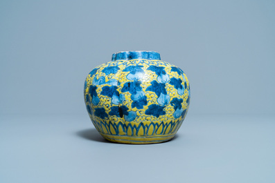 A Chinese blue and white yellow-ground vase with squirrels among gourds, Wanli