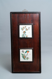 Four Chinese famille verte plaques in wooden frames, 19th C.