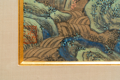 After Qiu Ying (1494 - 1552), ink and color on paper: 'Mountainous landscape', 19/20th C.