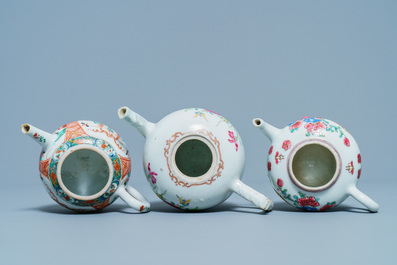 Two Chinese famille rose teapots and one Dutch-decorated teapot, Kangxi/Qianlong