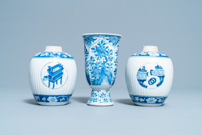 A pair of Chinese blue and white tea caddies and a goblet, Kangxi
