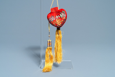 A pair of Chinese embroidered silk tassels for second rank officials, Qing