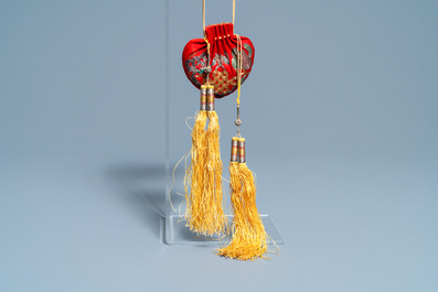 A pair of Chinese embroidered silk tassels for second rank officials, Qing