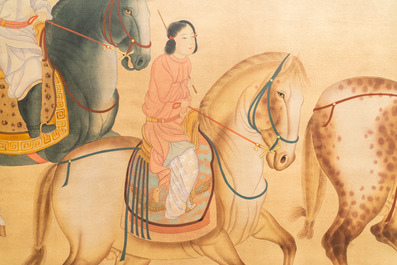 Chinese school, inkt en kleur op zijde, 19/20e eeuw: 'Drie ruiters te paard'
