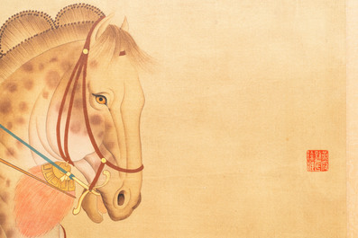Chinese school, inkt en kleur op zijde, 19/20e eeuw: 'Drie ruiters te paard'