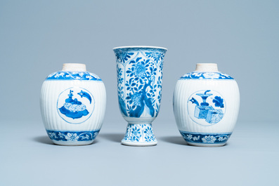 A pair of Chinese blue and white tea caddies and a goblet, Kangxi