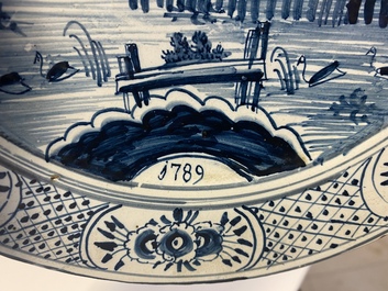 Two blue and white plates with city views, Harlingen, Friesland, dated 1789 and 1790