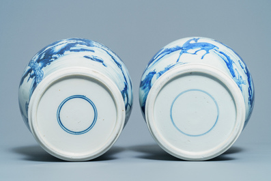 A pair of Chinese blue and white 'deer and crane' vases, Kangxi