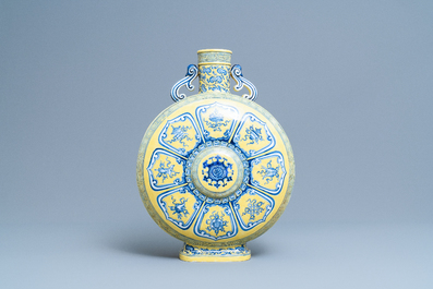 A Chinese yellow-ground blue and white 'Bajixiang' moonflask vase, Yongzheng mark, 19/20th C.