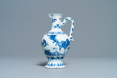 Een Chinese blauw-witte kan met een theesc&egrave;ne met geleerde en dienaar, Transitie periode