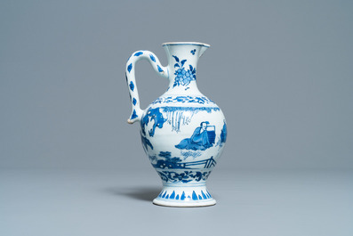 A Chinese blue and white ewer with a scholar being served tea by his servant, Transitional period