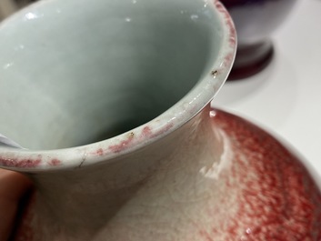 Un vase en porcelaine de Chine monochrome &eacute;maill&eacute; fleur de p&ecirc;che, 18/19&egrave;me