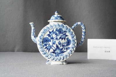 A rare Chinese blue and white circular teapot, Kangxi