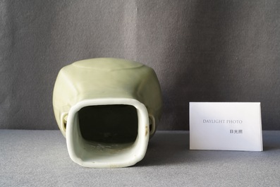 Un vase de forme 'fanghu' en porcelaine de Chine c&eacute;ladon monochrome, marque et &eacute;poque de Qianlong