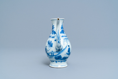 A Chinese blue and white ewer with figures in a landscape, Transitional period