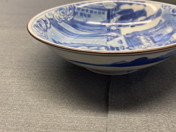 A fine Chinese blue and white Xi Xiang Ji 'temple scene' shallow bowl, Jiajing mark, Kangxi