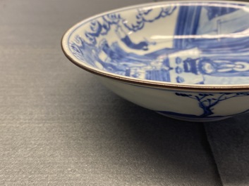 A fine Chinese blue and white Xi Xiang Ji 'temple scene' shallow bowl, Jiajing mark, Kangxi