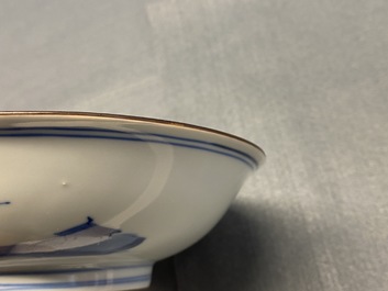 A fine Chinese blue and white Xi Xiang Ji 'temple scene' shallow bowl, Jiajing mark, Kangxi