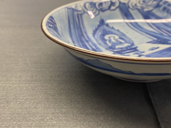 A fine Chinese blue and white Xi Xiang Ji 'temple scene' shallow bowl, Jiajing mark, Kangxi