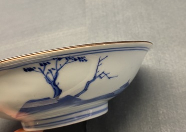 A fine Chinese blue and white Xi Xiang Ji 'temple scene' shallow bowl, Jiajing mark, Kangxi