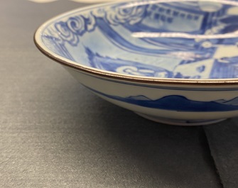 A fine Chinese blue and white Xi Xiang Ji 'temple scene' shallow bowl, Jiajing mark, Kangxi