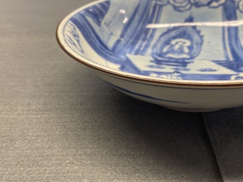 A fine Chinese blue and white Xi Xiang Ji 'temple scene' shallow bowl, Jiajing mark, Kangxi