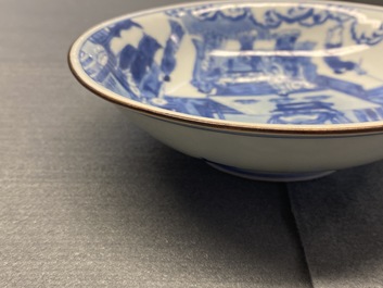 A fine Chinese blue and white Xi Xiang Ji 'temple scene' shallow bowl, Jiajing mark, Kangxi