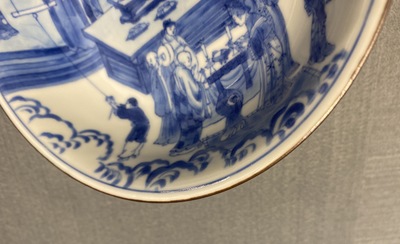 A fine Chinese blue and white Xi Xiang Ji 'temple scene' shallow bowl, Jiajing mark, Kangxi