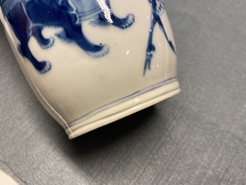 A pair of Chinese blue and white 'mythical beasts' vases and a pear-shaped 'dragon and phoenix' vase, 19th C.